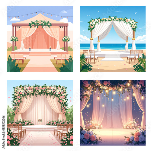 Wedding Arch and Stage Decoration Vector Set. Beach, Garden, and Night Ceremony Backgrounds.