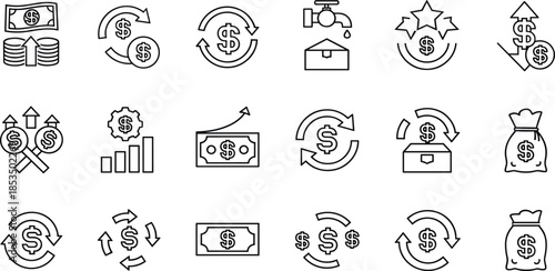 Financial exchange and money management line icons set including dollar signs, currency transfer, investment growth, and banking symbols.