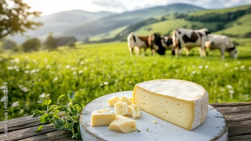 Pieces of swiss cheese with cows grazing in green field background. Concept of farm product, organic dairy and agriculture