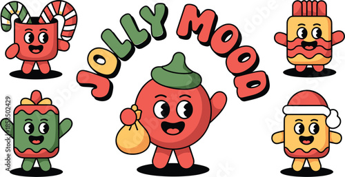 Collection of Five Cute Cartoon Christmas Characters and Jolly Mood Text vector illustration