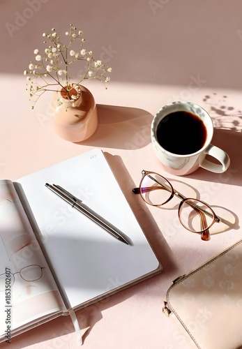 A steaming cup of coffee and a notebook sit on a wooden office desk next to a pen and laptop, creating a professional workspace for morning business notes and work