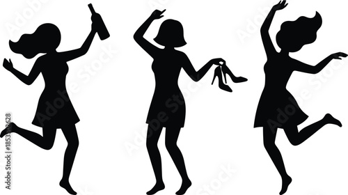 Silhouettes of women celebrating, dancing, jumping, holding bottle, high heels, black figures, short dress, joyful movement, party energy, expressive pose, freedom