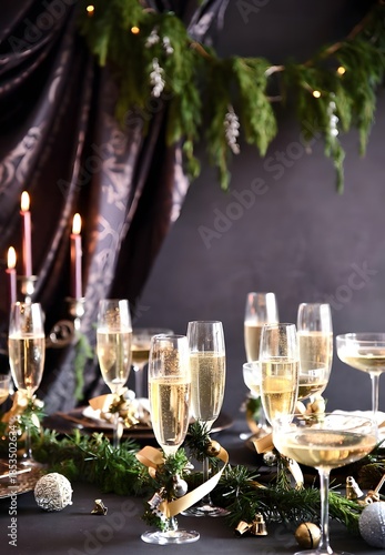 A luxury Christmas still life features two crystal champagne glasses on a decorated restaurant table, creating a festive holiday dining setting for a celebration or wedding banquet reception