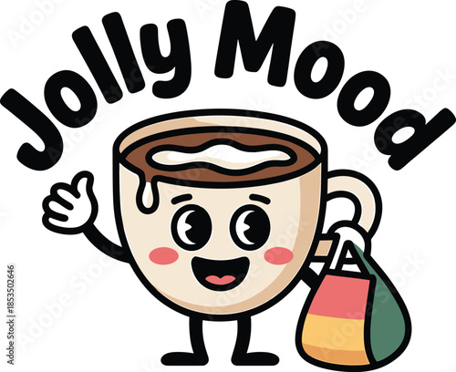 Cute Cartoon Coffee Cup Character Giving a Thumbs Up and Holding a Gift Bag hot drink beverage