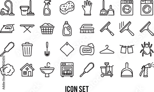 House Cleaning icon set. Housekeeping related line icons: washing, vacuum cleaner, detergent, cleaning tools, equipment, household appliances and more. Editable stroke. Vector illustration