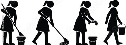 Silhouettes of cleaning tasks, mopping, wringing cloth, carrying bucket, black figures, chore sequence, household work, sanitation, expressive posture, white background, instructional use