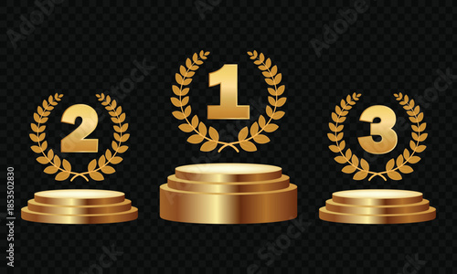 Golden trophy awards with laurel wreaths on podium for ranking and achievement