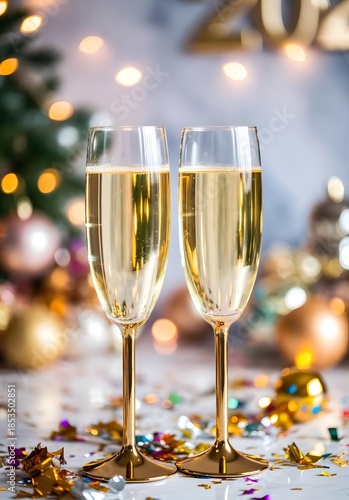 Two glasses of champagne with festive Christmas decorations on a holiday table ready for a celebration