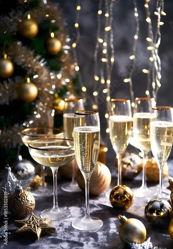 Two champagne glasses stand by a festive Christmas tree with gold decorations and baubles on a holiday table for a New Year celebration