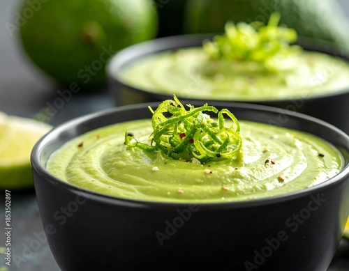 Close-up of two bowls of green, creamy soup with garnish