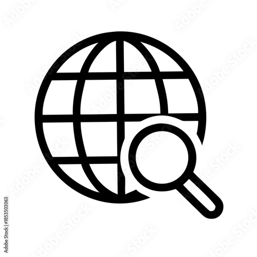 Black and white icon of globe with magnifying glass for internet search, global research, or web browsing