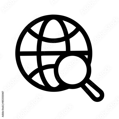 Black and white icon of globe with magnifying glass for global search, research, or internet exploration
