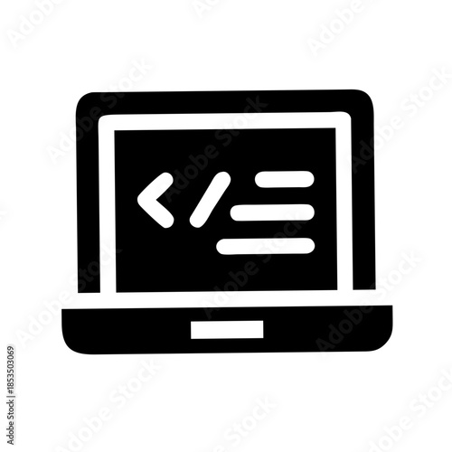 Black and white icon of laptop screen with coding symbols for software development and programming