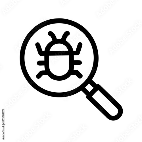 Black and white icon of magnifying glass with bug symbolizing debugging or software error inspection