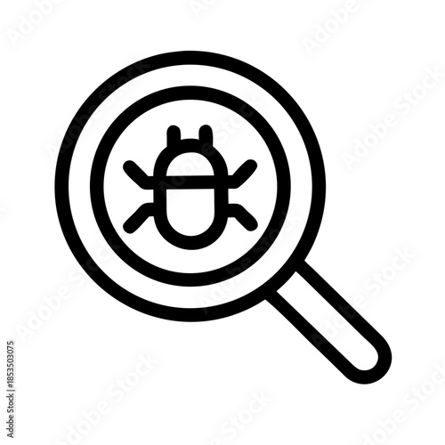 Black and white icon of magnifying glass with bug for debugging, software inspection, or error detection