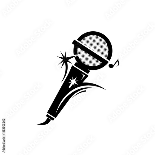 Vector illustration of a stylized microphone with a musical note and abstract sound waves, representing music and performance