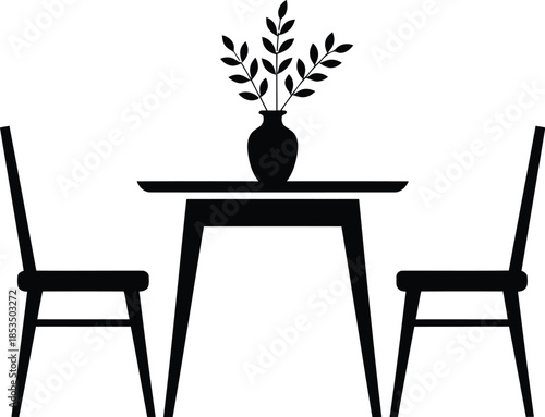 Minimalist dining table and chairs set with vase and plant simple silhouette for interior design and home decor concepts is