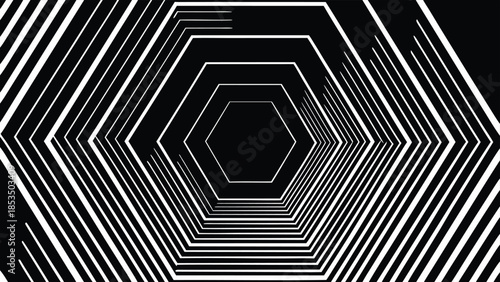 Black and white abstract geometric hexagon tunnel with thin white lines background