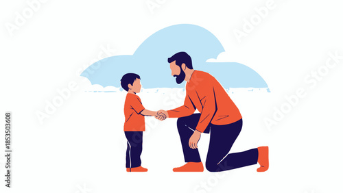 A father and son share a handshake in a modern, clean vector illustration, symbolizing connection and trust
