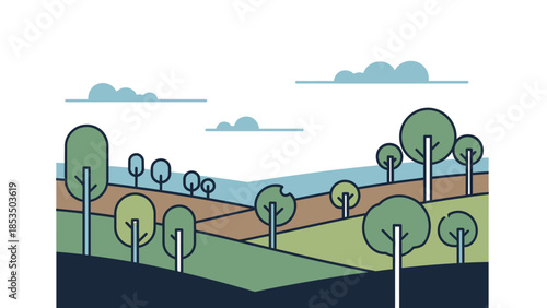 Minimalist Vector Illustration of a Serene Countryside Landscape with Trees and Rolling Hills Under a Cloudy Sky