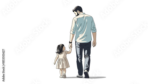 Father and daughter walking hand-in-hand, a tender moment captured in a minimalist vector illustration