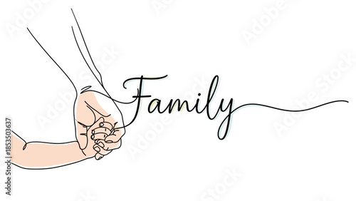Minimalist line art illustration of parents holding hands with the word 'Family' in elegant script, symbolizing unity and connection