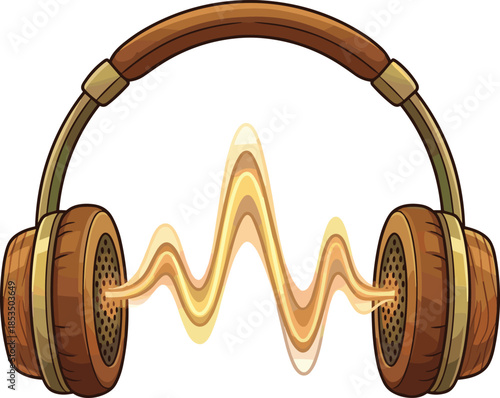 Brown Headphones with Golden Sound Waves on White Background audio music