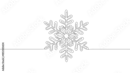 Minimalist continuous line art illustration of a snowflake on a white background