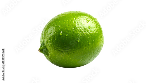 Isolated vibrant green citrus fruit with water droplets, sharp details on a black background