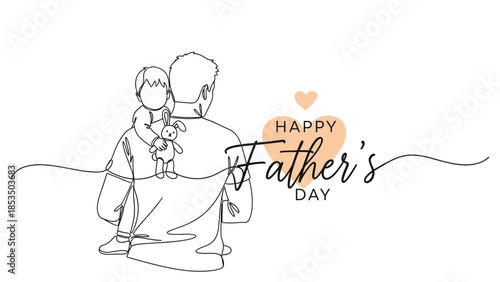 Happy Father's Day minimalist vector illustration of a father carrying his child and a stuffed animal on his shoulder