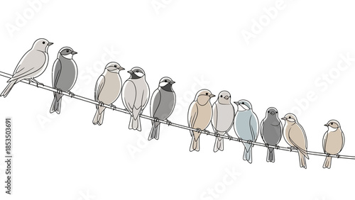 Minimalist vector illustration of a flock of birds perched in a line on a wire, simple and elegant design