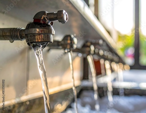 Close-up of water flowing from multiple chrome faucets