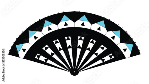 Black and White Fan with Stylized Houses and Geometric Patterns on White open fan