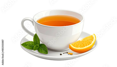 A white teacup with tea, a lemon slice, mint sprig on a saucer
