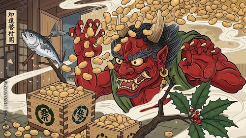 A japanese oni demon throwing gold coins in the air with a treasure chest