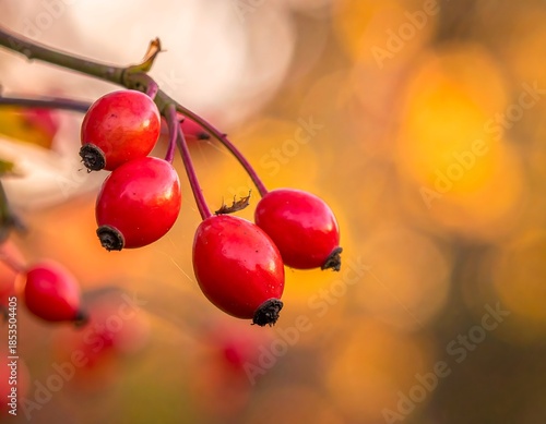 Close-up of vibrant red rose hips against a warm bokeh background