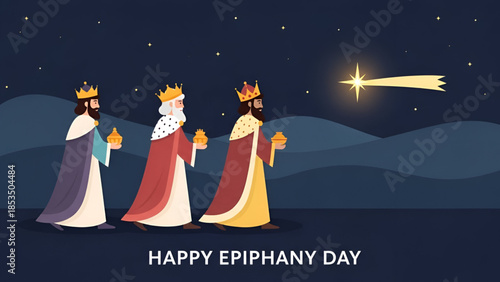 Epiphany three kings journey under shining star night sky with golden gifts festive christian illustration showing tradition faith celebration typography design for commercial branding and marketing 
