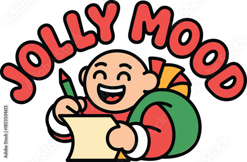 Happy Cartoon Boy Character Writing with a Pencil and Holding a Gift Bag vector illustration