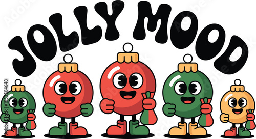 Five cartoon Christmas ornaments with faces and gifts on a white background holiday festive