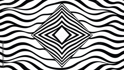 Black and white optical illusion with diamond and wavy lines abstract background