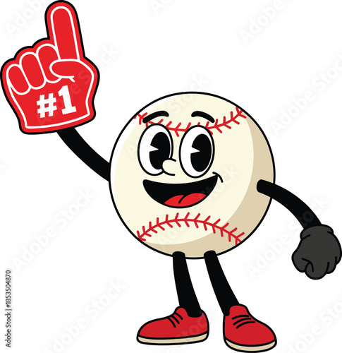Cartoon Baseball Character Wearing a Red Foam Finger with Number 1 Keywords: baseball, cartoon, character, mascot, sports, game