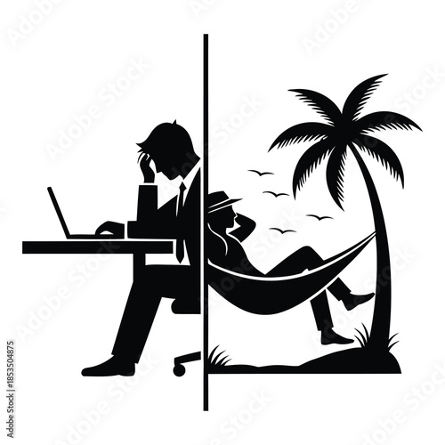 Businessman working stressed next to relaxed person in hammock under palm tree