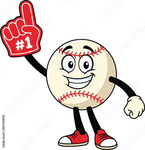 Cartoon Baseball Character Wearing Foam Finger Number One and Sneakers sport mascot