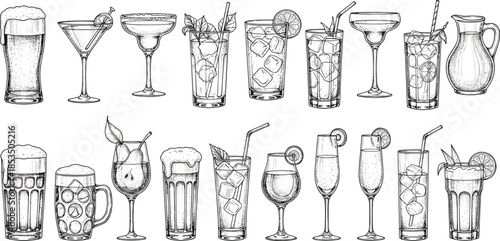 Hand drawn cocktail glass set, blue outline vector illustration, assorted drinkware, martini wine beer juice glasses, bar menu design collection for restaurant cafe branding