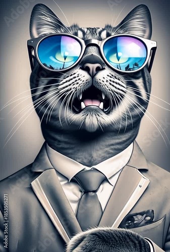 Fashionable cat in suit and sunglasses.