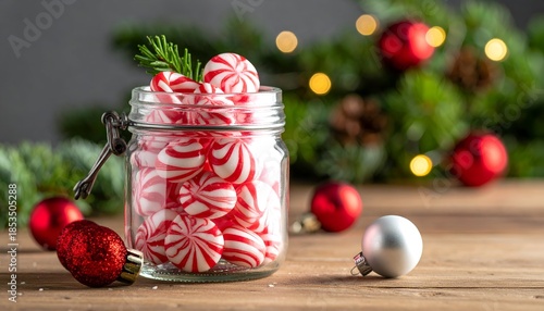 Peppermint candies in a jar with festive red/silver ornaments and evergreen branches