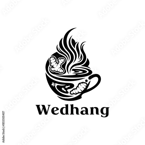 Captivating Logo Design for a Beverage Brand Featuring a Steaming Cup of Ginger Tea and the Brand Name 'Wedhang'