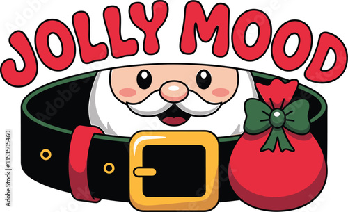 Santa Claus face peeking over a large belt with a gift bag beard mustache