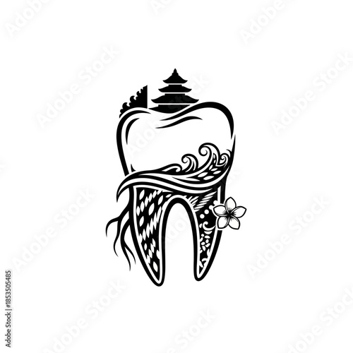 Intricate Tooth Icon Stylized Design Featuring Cultural Temple, Organic Roots, and Tropical Flower. Ideal for Holistic Dental Health Branding