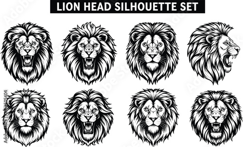 Lion head silhouette set, majestic wildlife vector illustration, roaring lion faces, tribal line art, logo design collection for branding, tattoo, emblem, mascot, print, poster